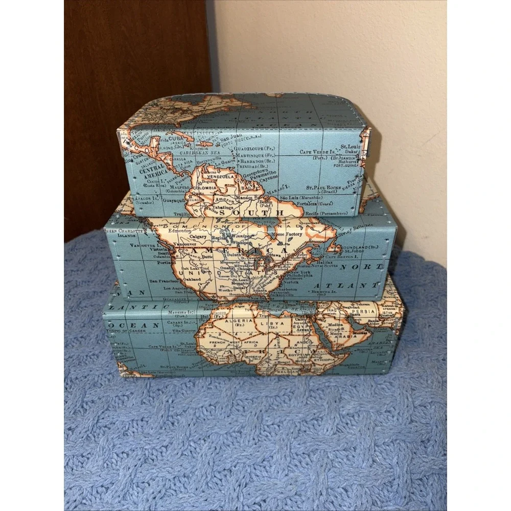 Jewellkeeper World Map Paperboard Nesting Suitcase Storage Boxes Set of 3 - Picture 3 of 9